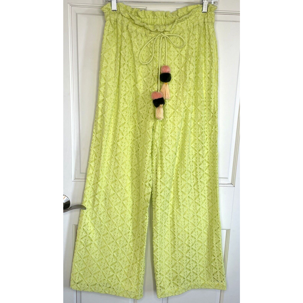 Anthropologie Ollari Lacy Wide-Leg Pants size XS chartreuse Beach Boho Ruffle